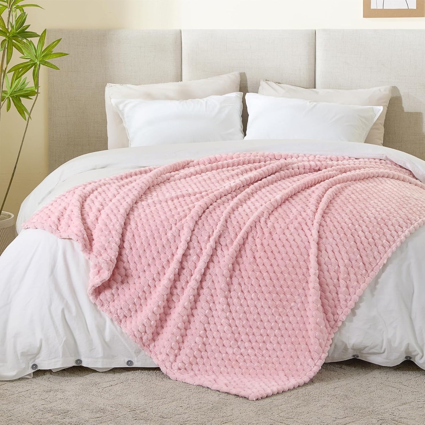 2 Pieces 3D Ribbed Jacquard Soft and Warm Decorative Fuzzy Blankets, Pink, 50X60In