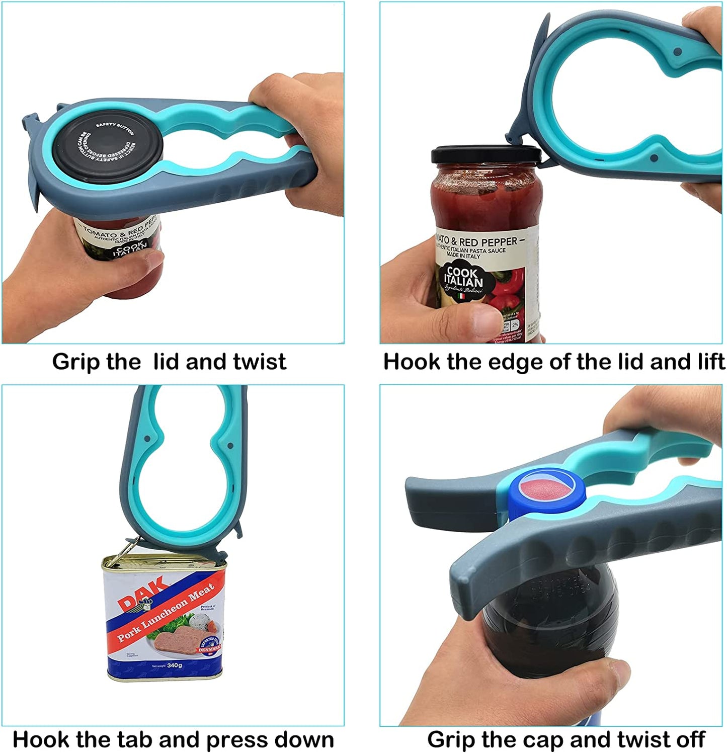 Ergonomic Jar, Bottle, and Can Opener for Individuals with Limited Hand Strength - Ideal for Seniors and Arthritis Patients (Blue and Grey)