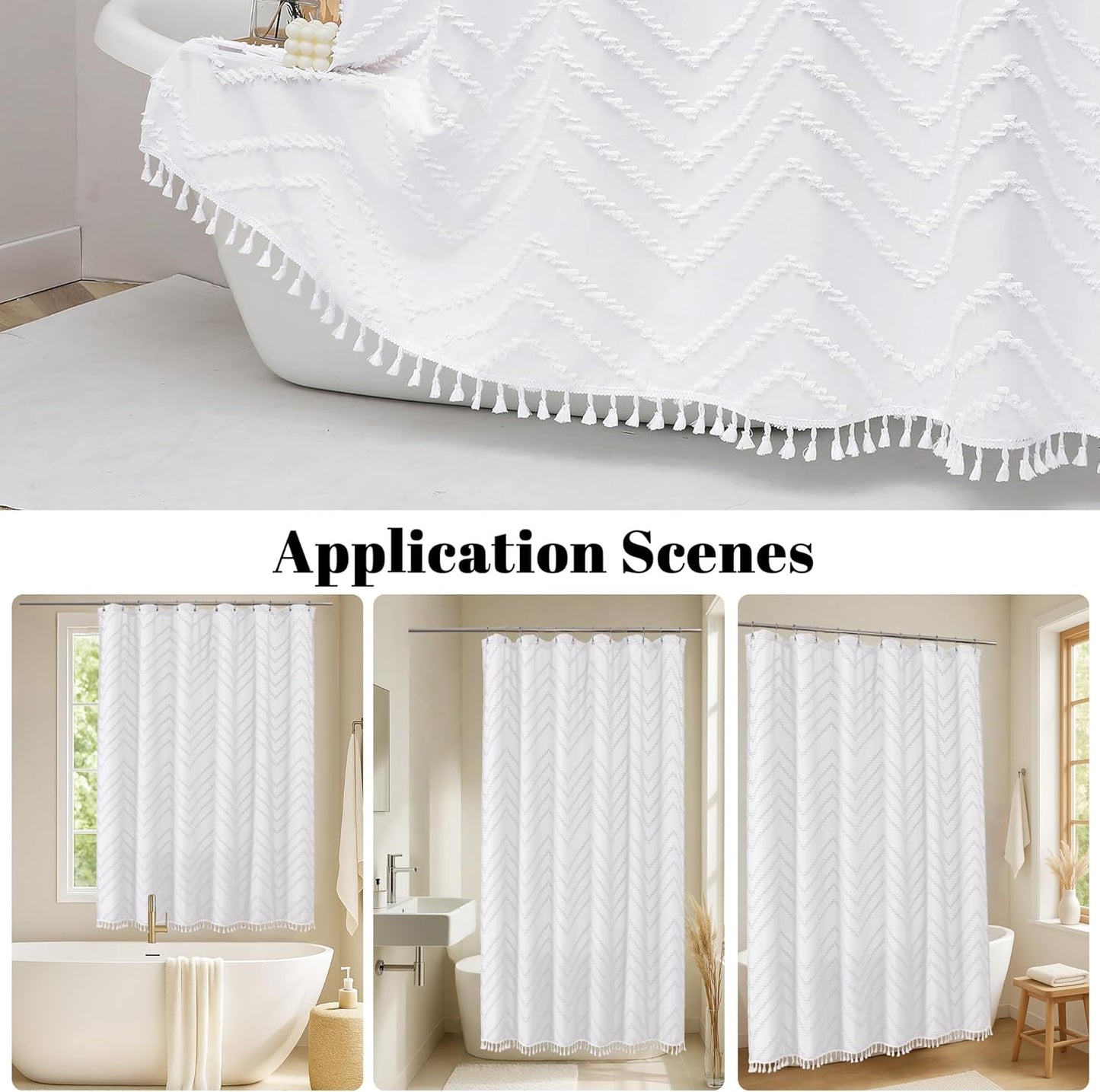 Boho Shower Curtain, White Fabric Cloth Shower Curtains Farmhouse Tufted Chevron Striped Textured with Tassel for Bathroom, Soft Hotel Style Modern Minimalist, Machine Washable, 72X72, White