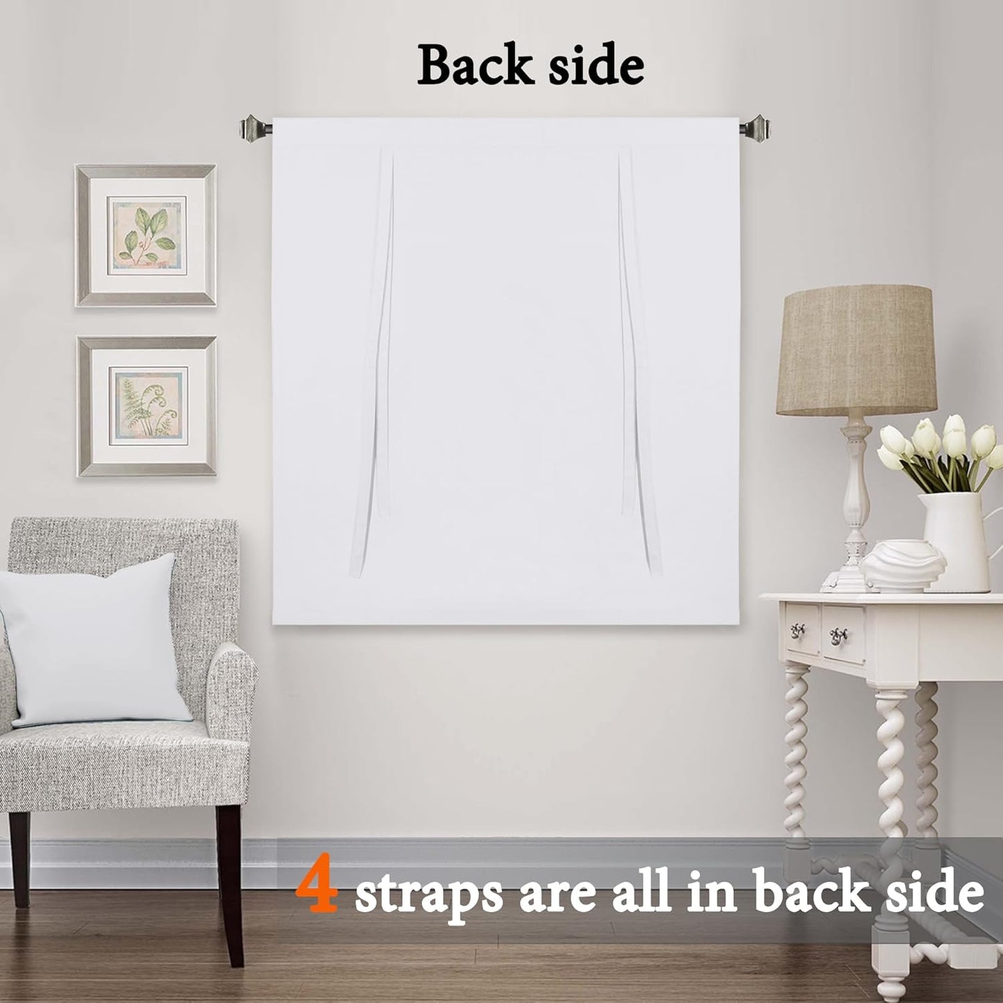 White Blackout Tie up Curtains Thermal Insulated Balloon Roman Shade Bathroom Window Adjustable Rod Pocket for Small Window 42 Inch by 45 Inch,Pure White