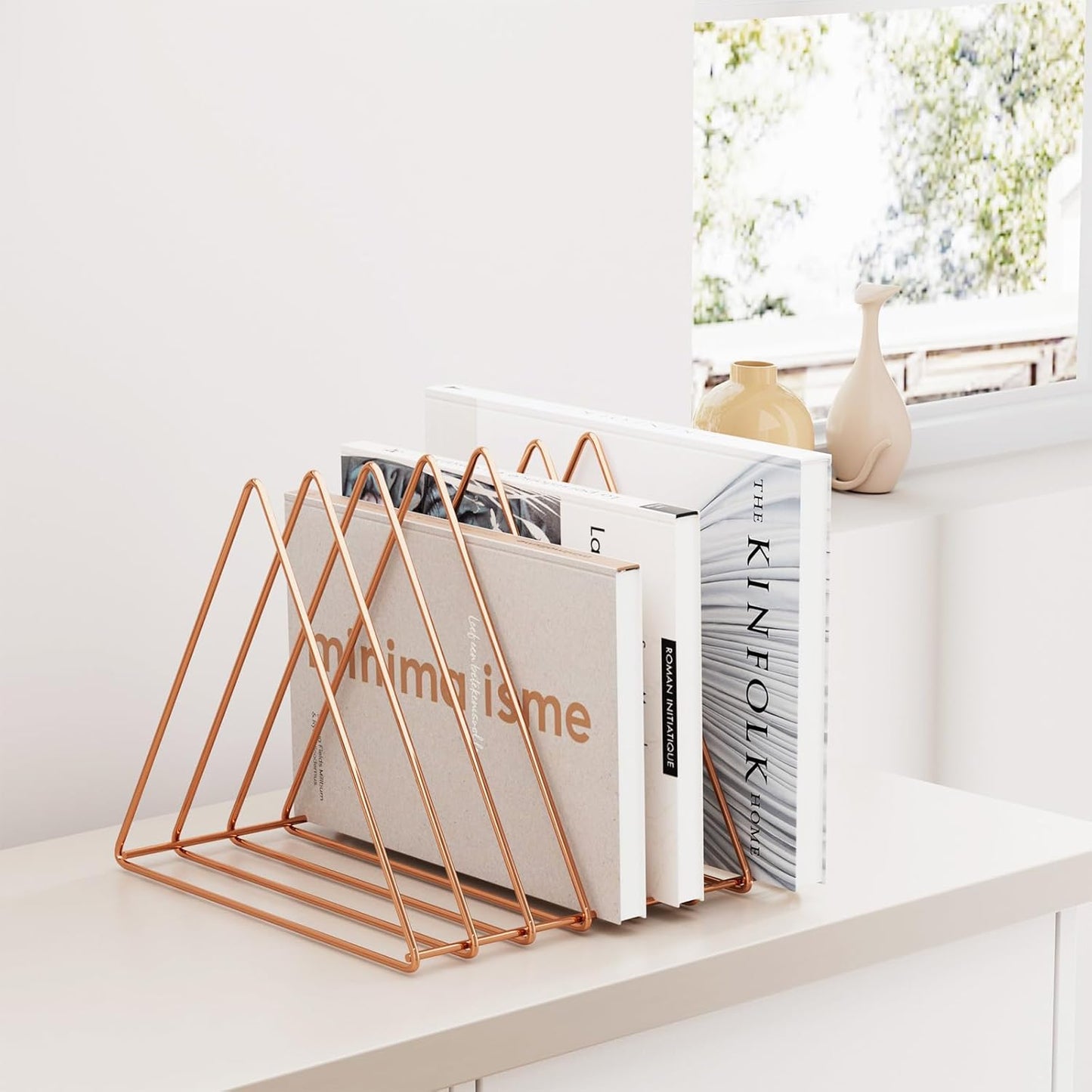 Triangle Desk Organizers Metal Wire Magazine Holder 7 Sections Decorative Vinyl Record Storage Office File Organizer for Desk - Rose Gold Magazine File Holder - 2 Pack