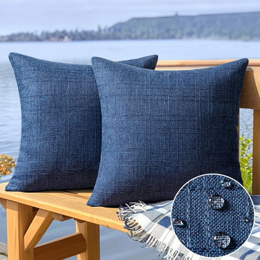 Outdoor Waterproof Throw Pillow Covers Decorative Farmhouse Water Resistant Cushion Covers for Tent Patio Garden Couch Sofa Pack of 2, 16X16 Inch Navy Blue