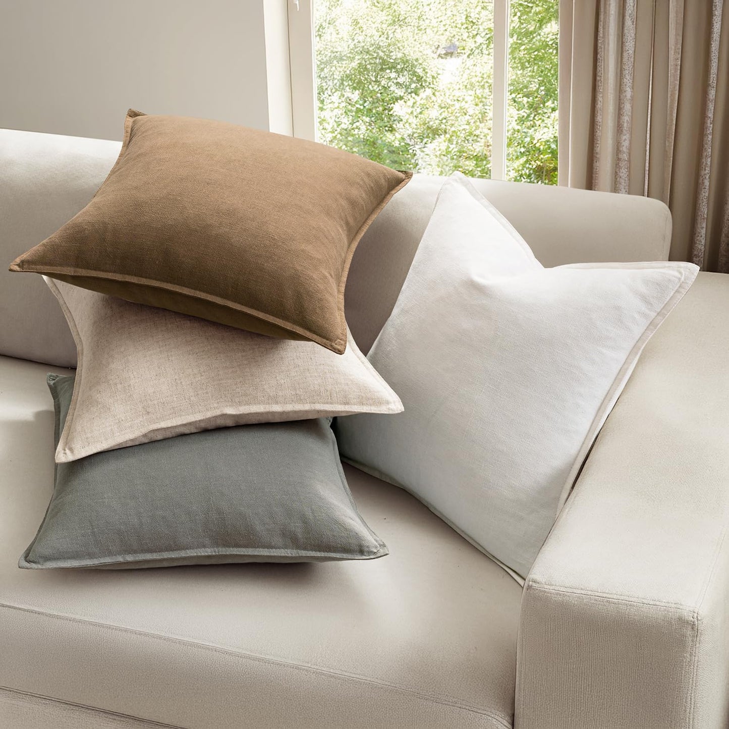 Set of 4 Neutral Linen Decorative Pillow Covers - Soft Solid Accent Cushion Cases for Modern Home Décor, 18x18 Inches