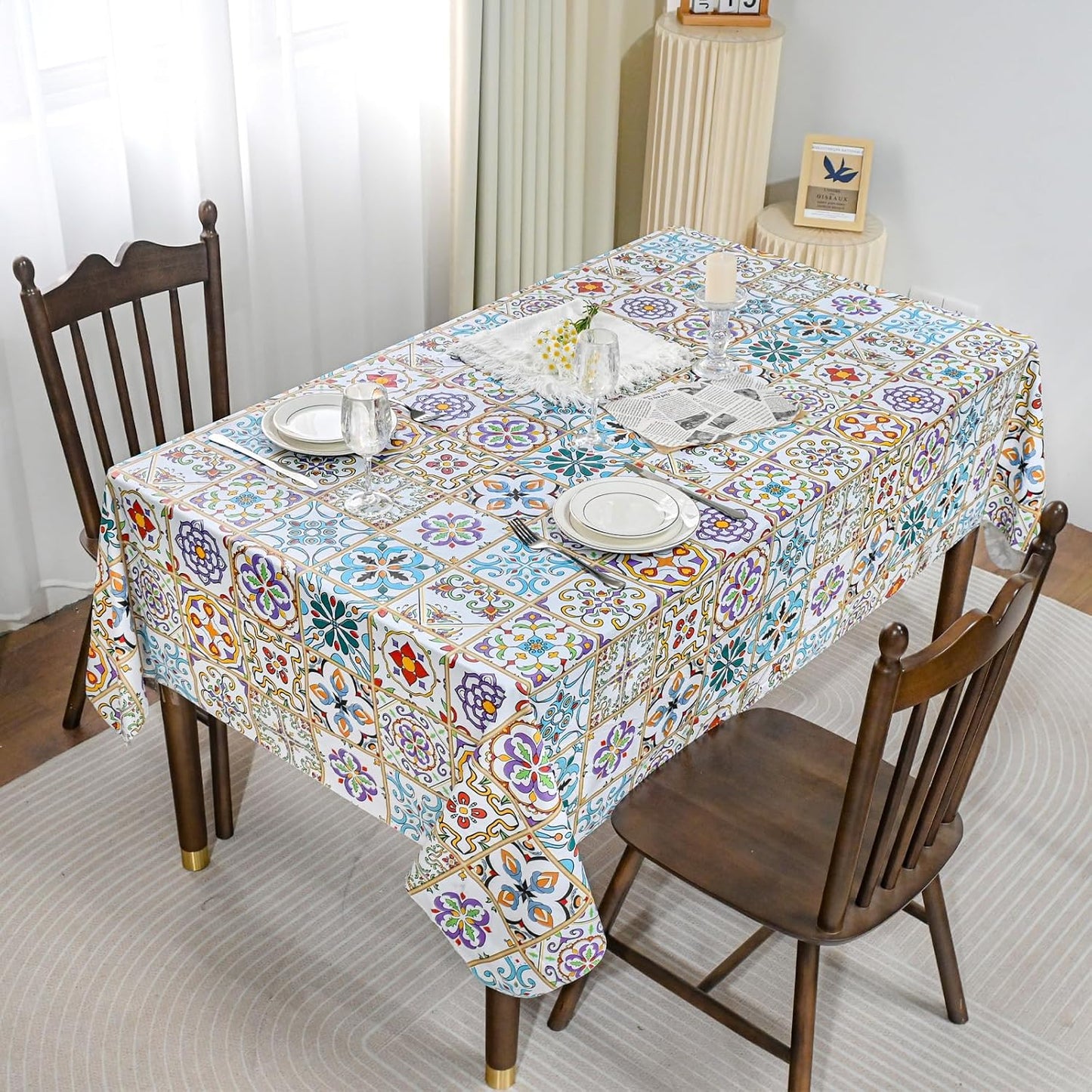 Rectangle Tablecloth, Waterproof Vinyl Table Cloth with Flannel Backing, Plastic Table Cloths for Dinner, Kitchen, Outdoor and Parties, 60"X84"