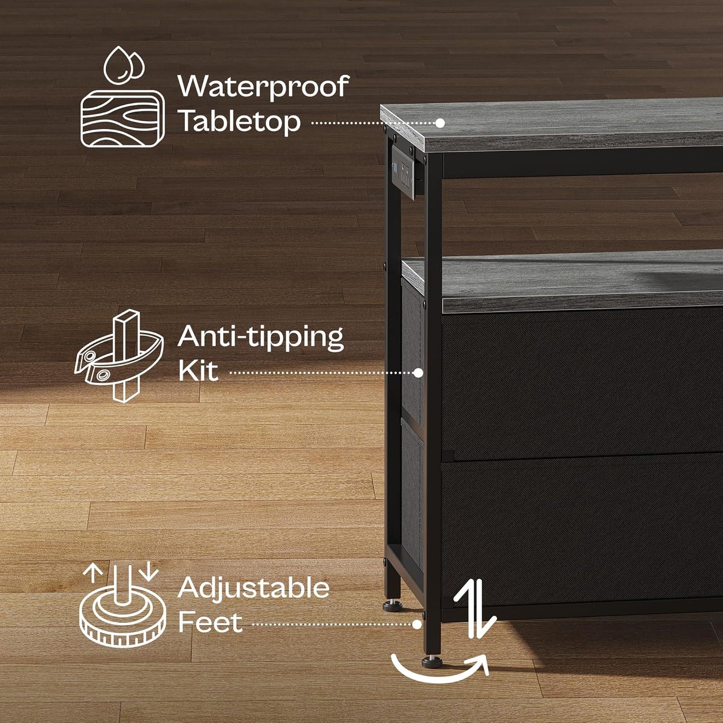LED TV Stand with Storage for Bedrooms and Living Rooms, 47-Inch Entertainment Center for 43, 50, and 55-Inch TVs, Grey and Black Design with Power Outlets and 6 Drawer Fabric Dresser