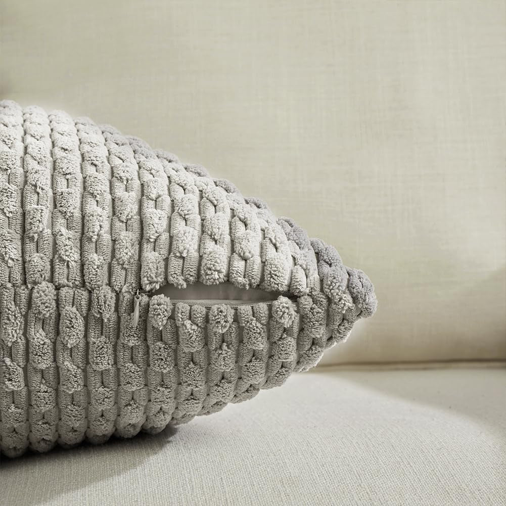 Set of 4 Farmhouse Neutral Decorative Throw Pillow Covers 18X18 Inch for Couch Bed Sofa Bedroom, Modern Boho Home Decor, Soft Fluffy Textured Corduroy Cute Grey Series Cushion Case 45X45 Cm