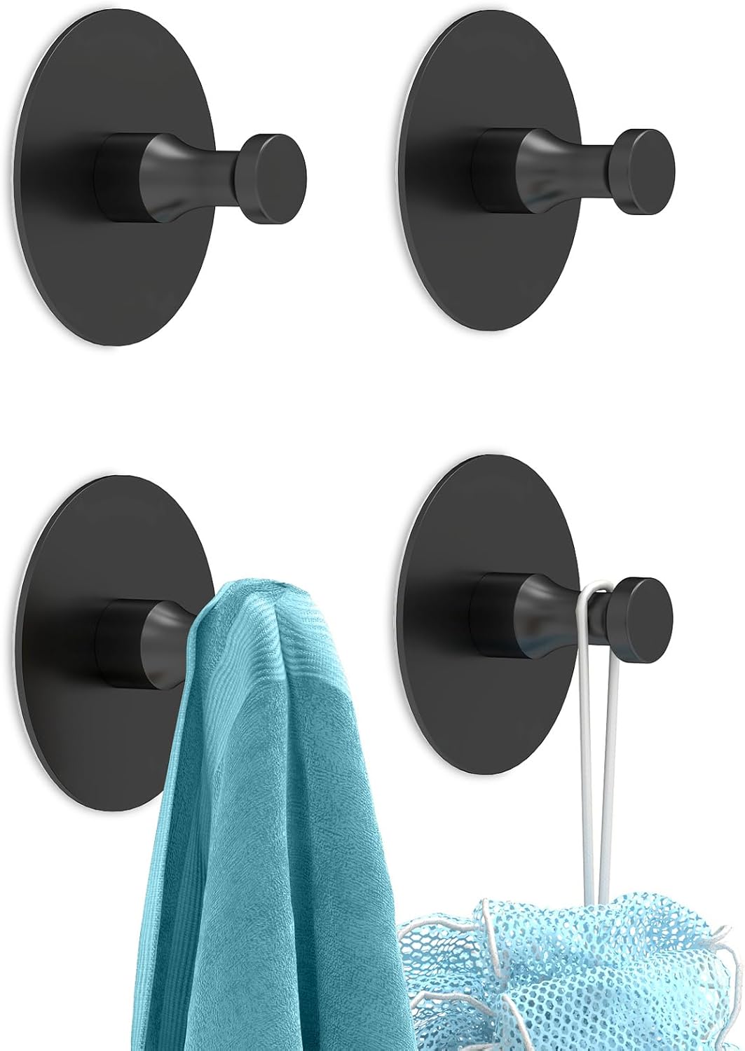 Adhesive Hooks for Walls No Damage 4 PCS, Heavy Duty Aluminum Strong Adhesive Towel Hooks for Bathrooms for inside Shower for Hanging Loofah, Clothes, Robes