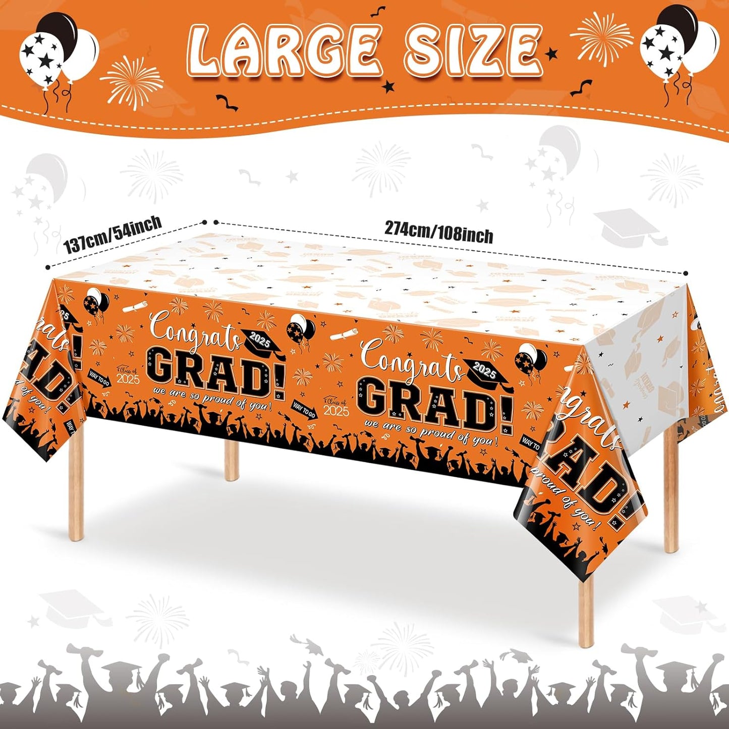 12Pack Graduation Tablecloth Party Decorations, Class of 2025 Congrats Grad Plastic Tablecover Party Supplies, Orange Rectangle Graduation Table Decorations for College High School Party, 54 X 108Inch
