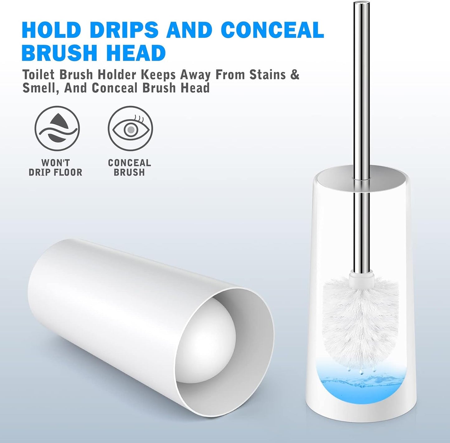 Toilet Brush and Holder Set - 2 Pack, Ergonomic 304 Stainless Steel Long Handle Toilet Bowl Brush for Elegant and Durable Bathroom Use (White)