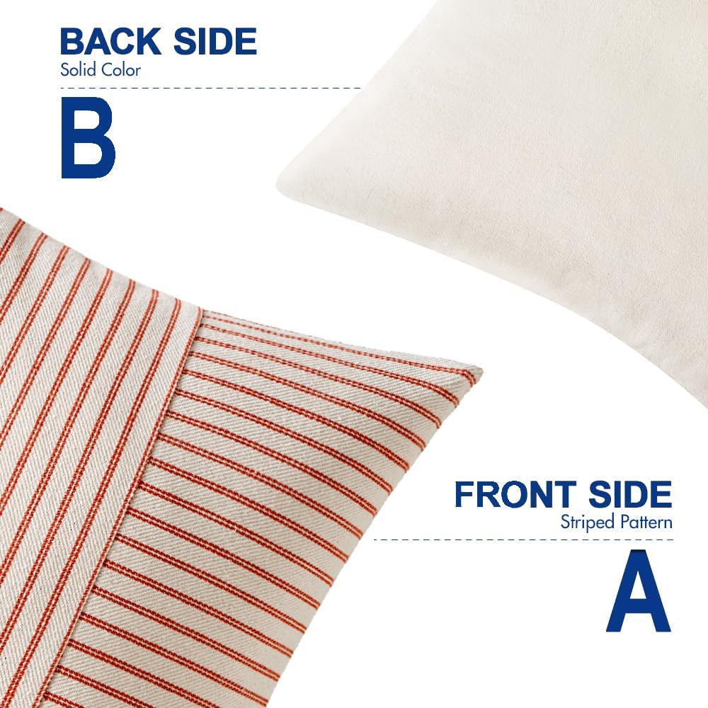 Fall Rust and Beige Patchwork Farmhouse Pillow Covers 18X18 Inch, Pack of 2 Striped Linen Decorative Modern Accent Pillow Cases for Sofa Couch Bedroom
