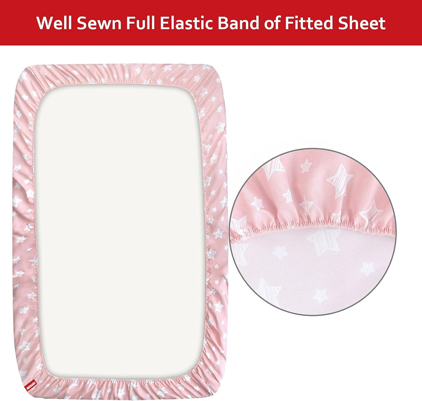 Toddler Bed Sheets for Girls - 3 Piece Set with Flat Sheet, Fitted Sheet, Pillowcase - Soft Breathable Baby Bedding, Pink Star