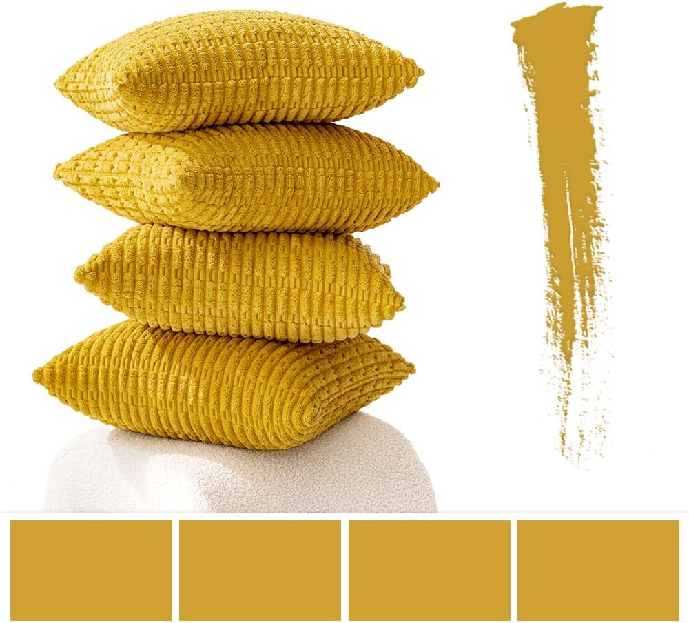Pack of 4 Mustard Yellow Corduroy Decorative Spring Throw Pillow Covers 16X16 Inch Soft Boho Striped Pillow Covers Modern Farmhouse Home Decor for Sofa Living Room Couch Bed