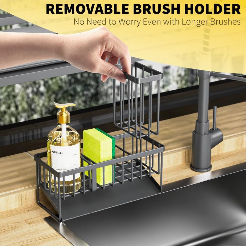Sink Caddy Organzier with High Brush Holder, Sponge Holder for Sink, 304 Rustproof Stainless, Kitchen Countertop Soap Dispenser Organizer, Dark Gray Kitchen Decor and Accessories