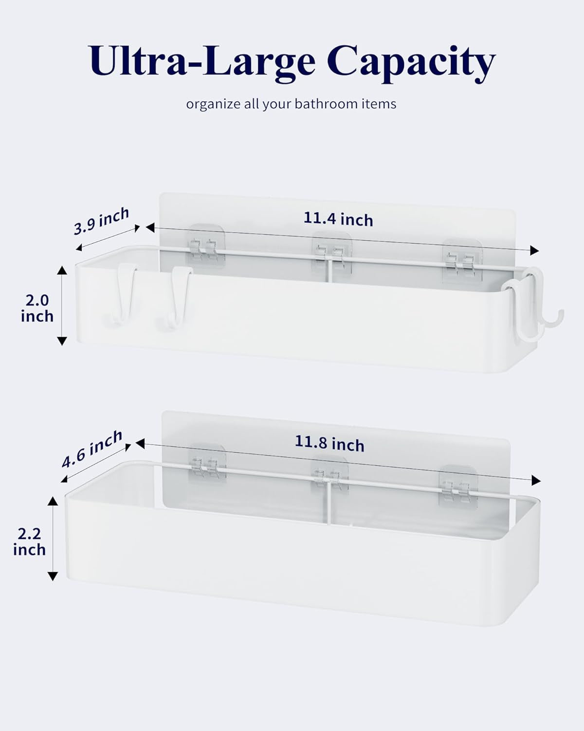 Large Shower Caddy - 2 Pack Adhesive Shower Organizer, Rustproof Metal Shelves, No-Drill Bathroom Organizers and Storage, White