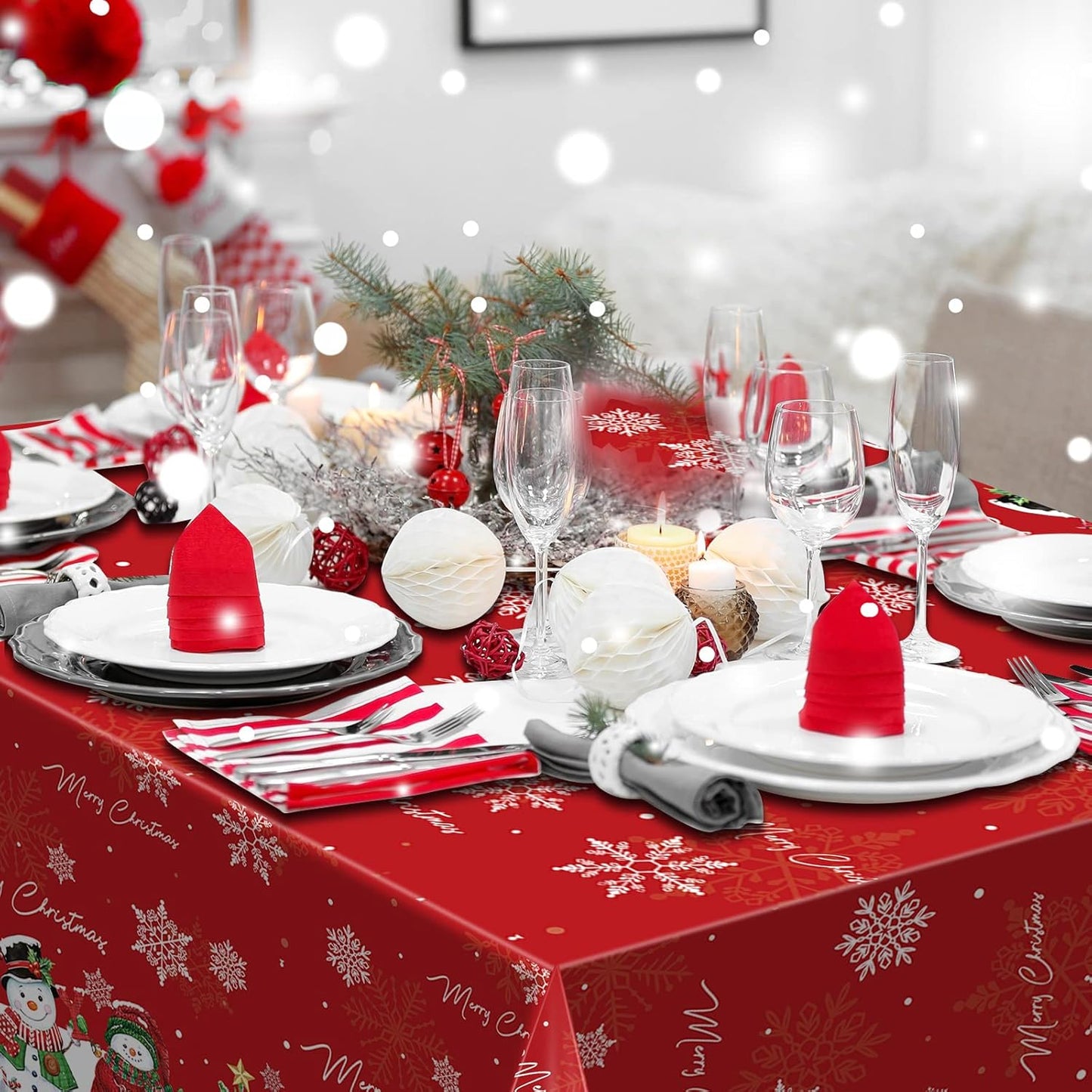 1Pcs Christmas Snowman Tablecloth,Plastic Christmas Snowman Snowflake Winter Table Cover with Xmas Tree for Winter Holiday Themed Party Decorations and Supplies,54X 108Inch(Red)