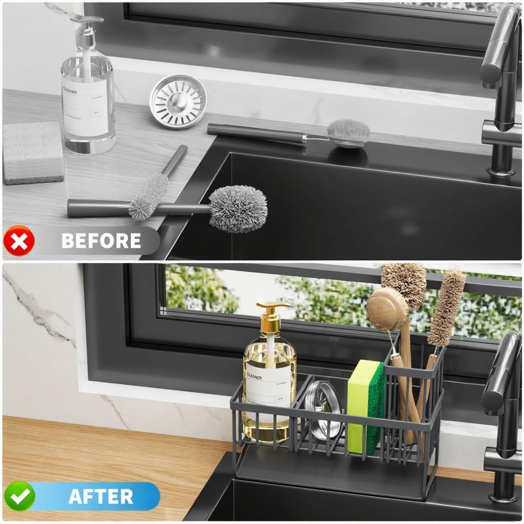 Sink Caddy Organzier with High Brush Holder, Sponge Holder for Sink, 304 Rustproof Stainless, Kitchen Countertop Soap Dispenser Organizer, Dark Gray Kitchen Decor and Accessories