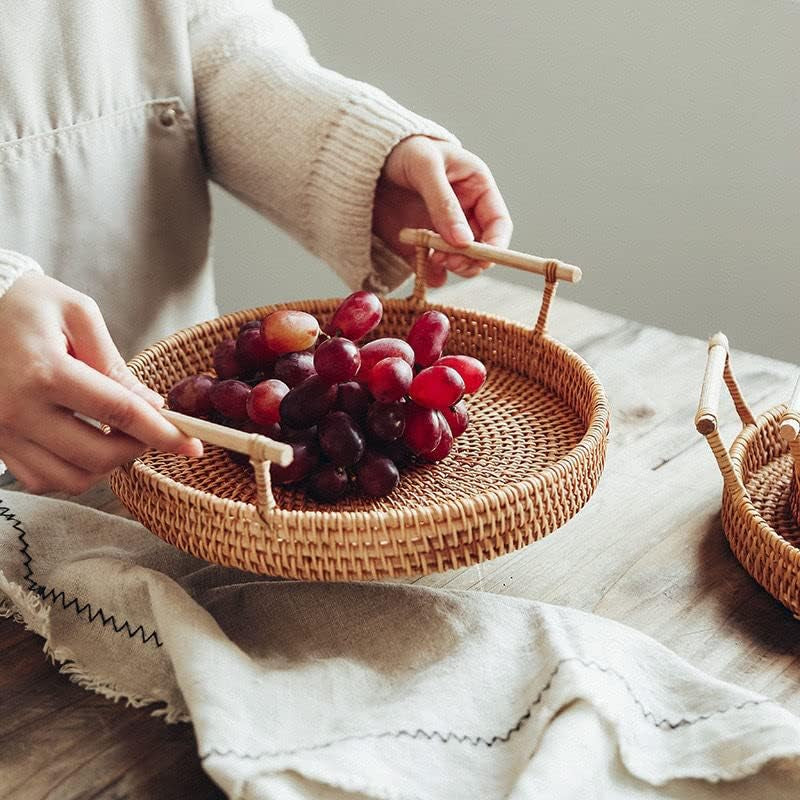 Rattan round Serving Tray Wicker Woven Bread Basket with Handles for Cracker Dinner Parties Coffee Table Breakfast (Natural 12.6 Inches)
