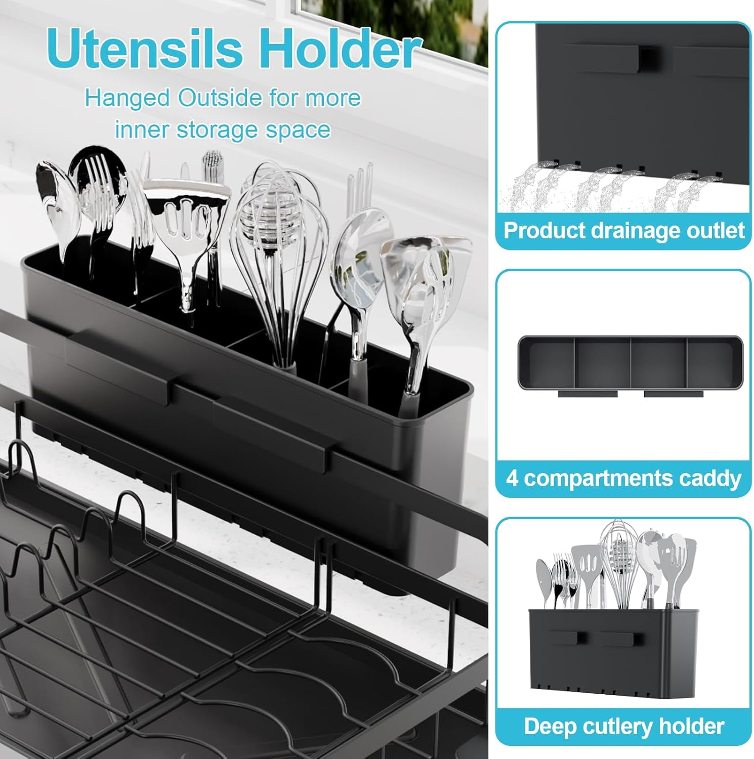 Dish Drying Rack for Kitchen Counter - Large Dish Rack with Drainboard, Rustproof Dish Drainer with Drainage Spout & Utensil Holder for Sink, Black