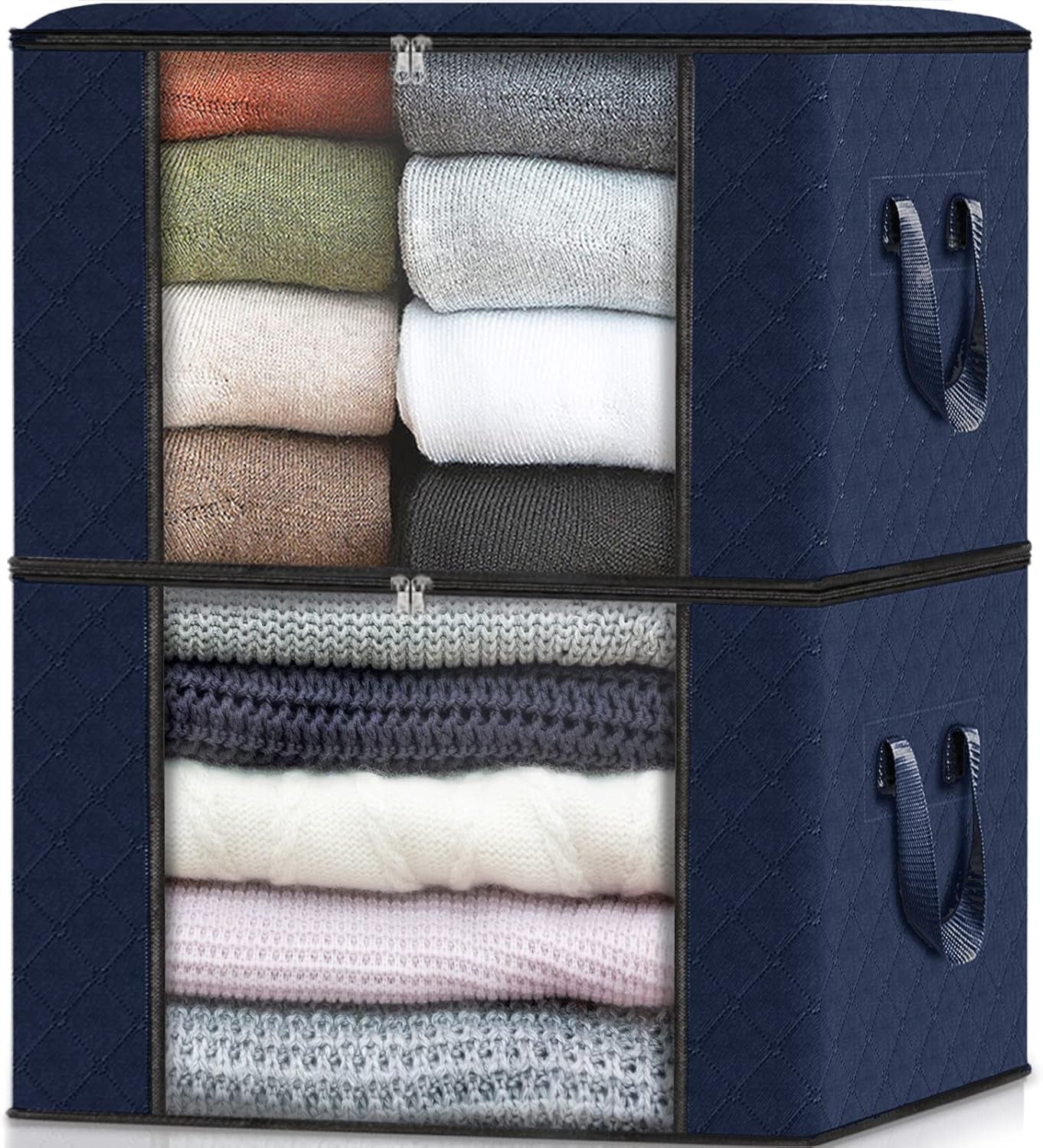 2 Pack Clothes Storage, Foldable Thick Fabric Blanket Storage Bags, Containers for Organizing Bedroom, Closet, Clothing, Comforter,Closet Organization with Handle,Blue