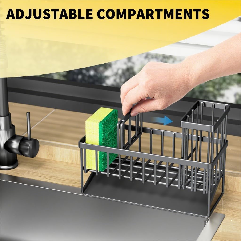 Sink Caddy Organzier with High Brush Holder, Sponge Holder for Sink, 304 Rustproof Stainless, Kitchen Countertop Soap Dispenser Organizer, Dark Gray Kitchen Decor and Accessories