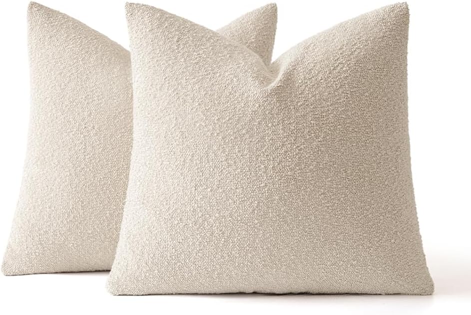 18X18 Inch Decorative Pillow Covers for Couch Bed Set of 2 Textured Boucle Neutral Throw Pillows Natural Beige Accent Solid Cushion Pillowcase Cozy Soft Sofa Livingroom Home Decor