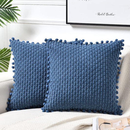 Set of 2 Dusty Blue Decorative Throw Pillow Covers 18X18 Inch with Pom-Poms for Couch Bed Sofa, Rustic Farmhouse Boho Home Decor, Soft Plush Corduroy Cute Cushion Case 45X45 Cm
