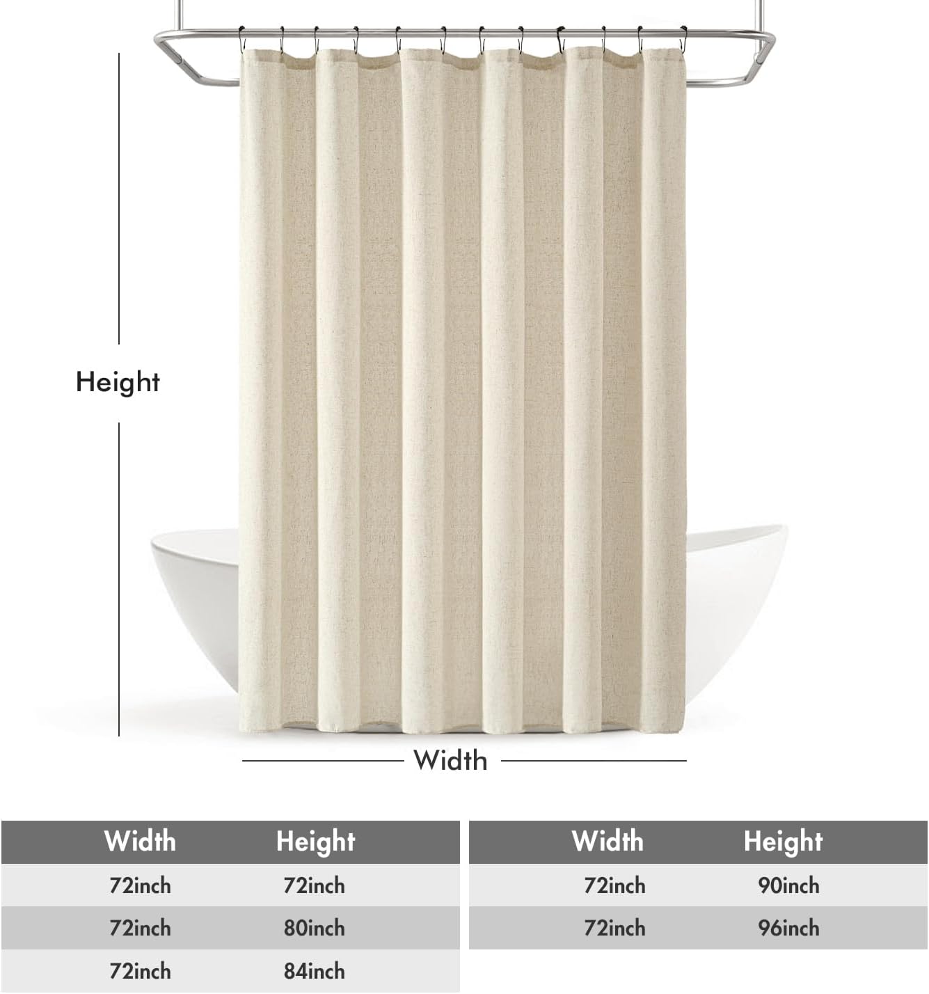 Linen Shower Curtain with 12 Metal Hooks Washable Country Boho Farmhouse Heavy Buttonhole Fabric Shower Curtain Set Thick Cloth Neutral Waterproof Curtains for Bathroom W72*L72, Natural