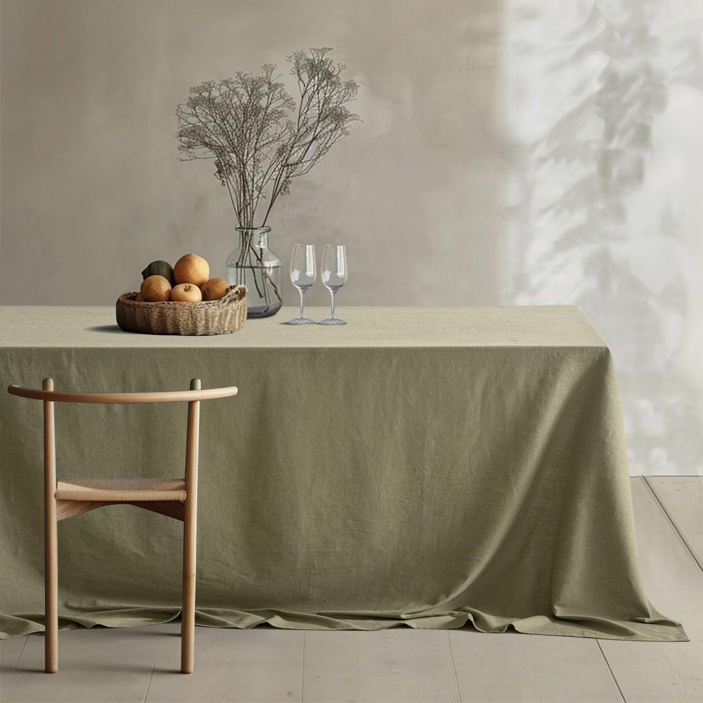 Linen Cotton Blend Tablecloth Rectangle, Luxury Waterproof Stain Resistant Durable Farmhouse Oblong Table Cloth for Dining Party Weddings Birthday Events Boho Decor, 52 X 84 Inch, Olive Green