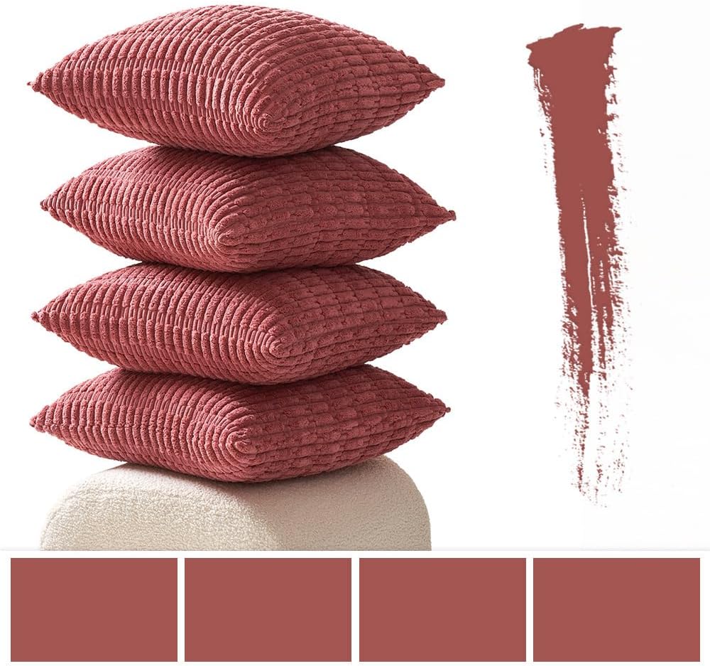 Pack of 4 Corduroy Decorative Throw Pillow Covers 16X16 Inch Soft Boho Striped Pillow Covers Modern Farmhouse Home Decor for Sofa Living Room Couch Bed Cranberry Red