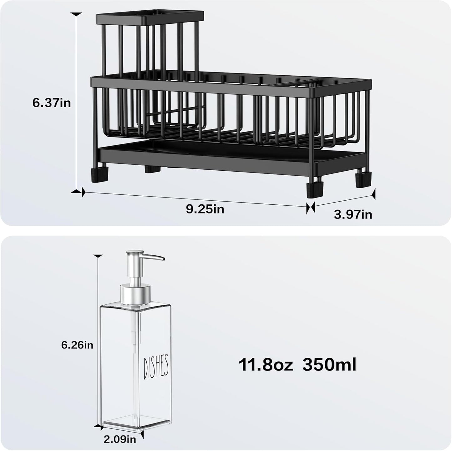 Dish Soap Dispenser, 12 Fl Oz Dual Kitchen Soap Dispensers with Sponge Holder, Plastic Pump Clear Glass Bottle Kitchen Soap Dispenser Set, Modern Hand and Dish Soap Bottle Set Removable
