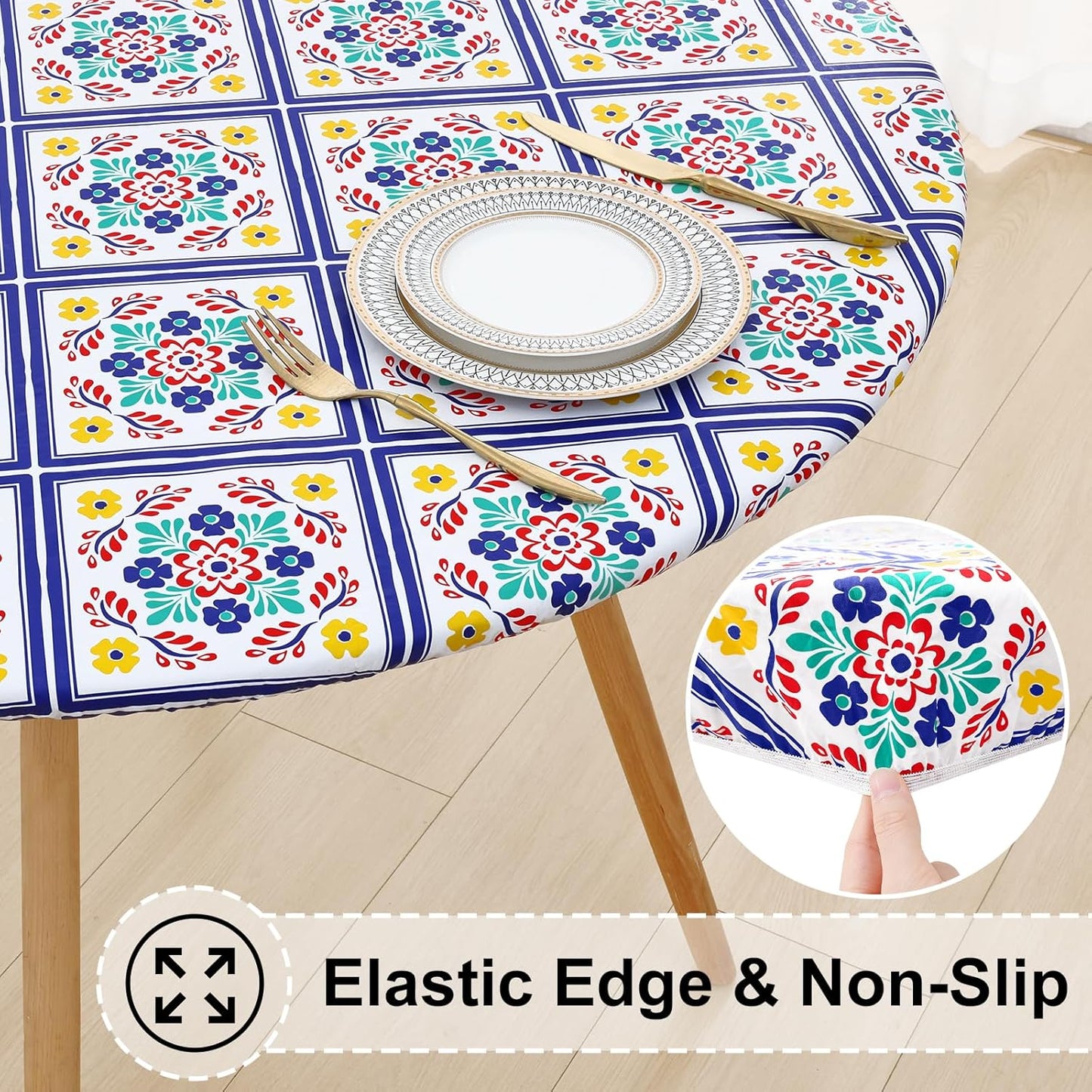 round Fitted Tablecloth with Elastic Edge, 100% Waterproof Oil Proof Plastic Table Cover, Vinyl Flannel Backed Tablecloth Fits 36"-44" round Tables for Dinner, Outdoor, Picnic, Geometric Flower