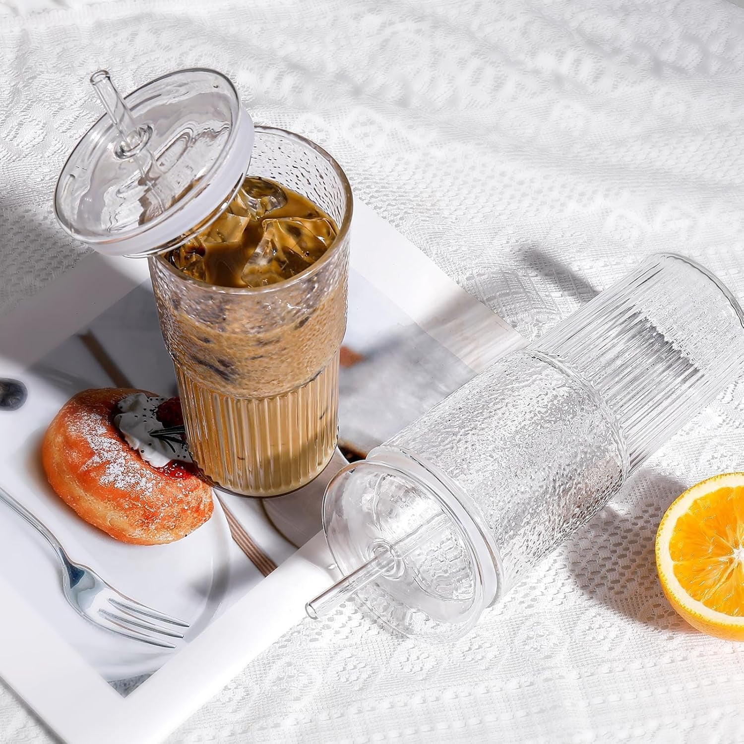 Glass Cups with Lids and Straws 4 Pcs,20Oz Glasses Drinking Set Vintage Textured Clear Iced Coffee Cups with Lids,Reusable Glass Tumbler with Straw and Lid for Coffee Bar Accessories
