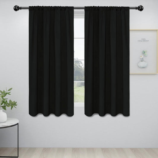 Rod Pocket Blackout Curtains for Bedroom, Room Darkening Window Curtains for Living Room, Thermal Insulated Noise Reduction Solid Window Drapes, 2 Panels(34X63 In, Black)