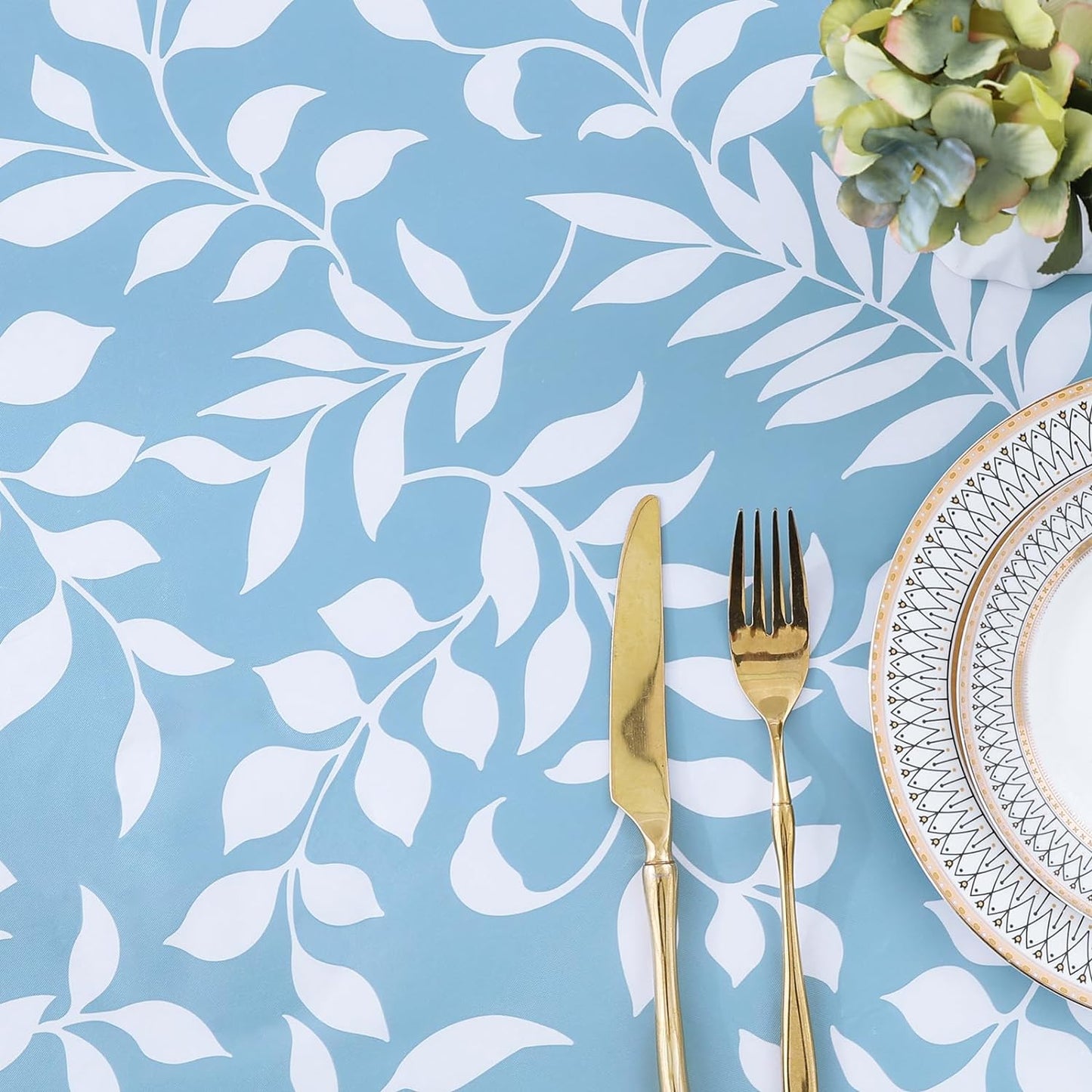 round Fitted Tablecloth with Elastic Edge, 100% Waterproof Oil Proof Plastic Table Cover, Vinyl Flannel Backed Tablecloth Fits 36"-44" round Tables for Dinner, Outdoor, Picnic, Blue Leaves