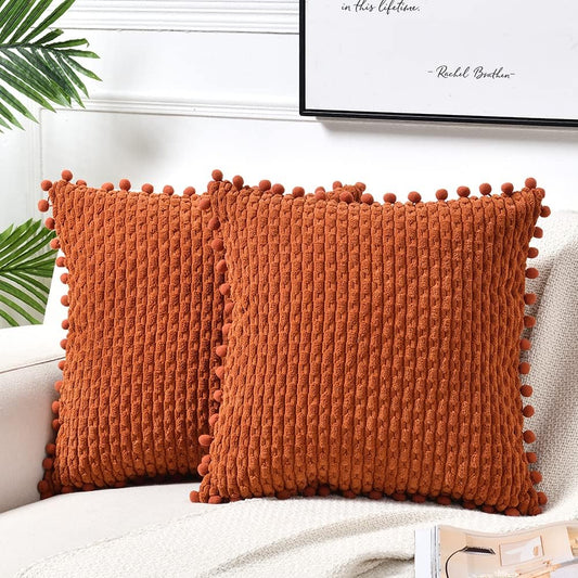 Set of 2 Rust Decorative Throw Pillow Covers 18X18 Inch with Pom-Poms for Couch Bed Sofa, Modern Farmhouse Boho Home Decor, Soft Plush Corduroy Terracotta Cushion Case 45X45 Cm