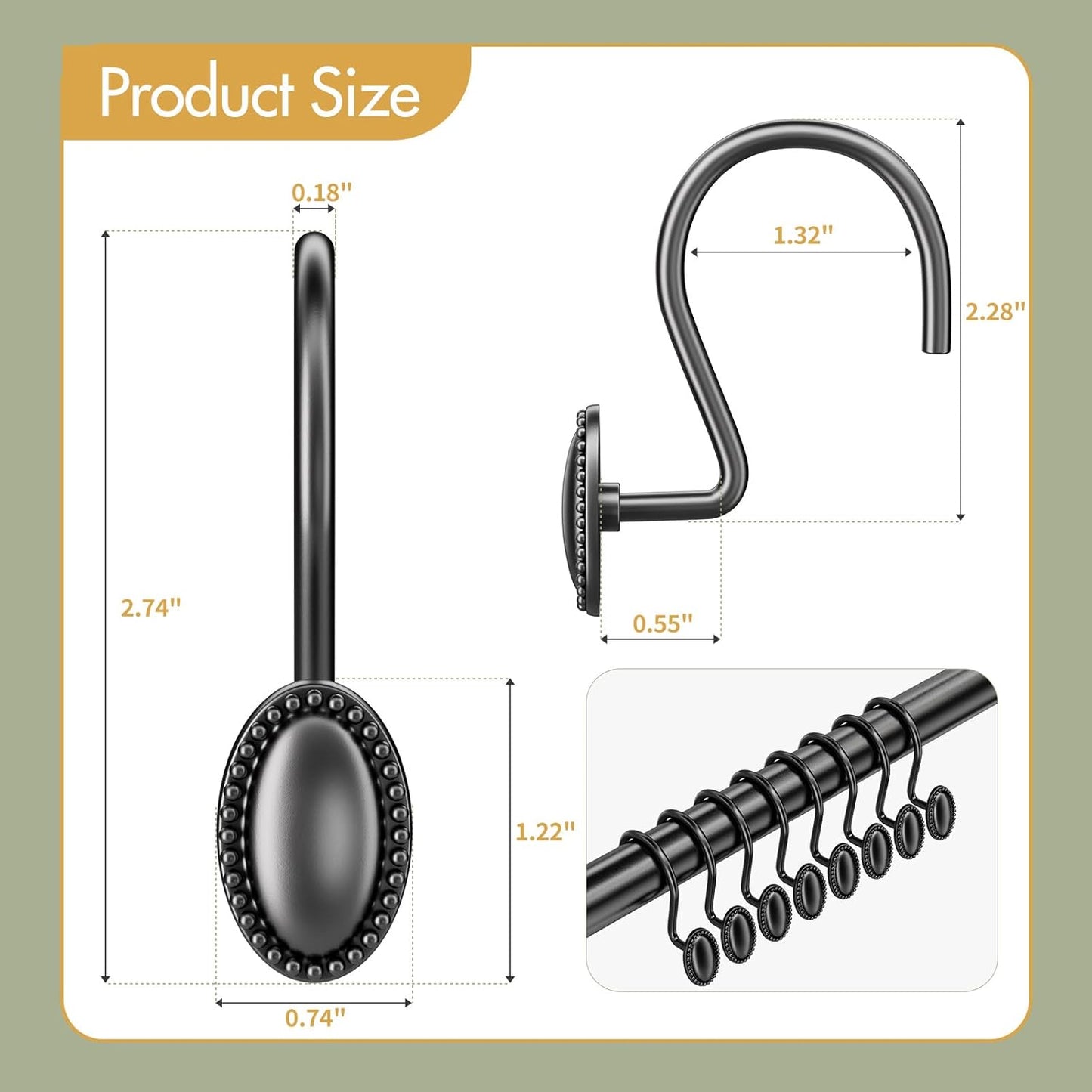 White Shower Liner Cloth Waterproof, 120G Heavy Duty with Weighted Stones and bath 12PCS Black Shower Curtain Hooks Elliptical Heavy Duty Design