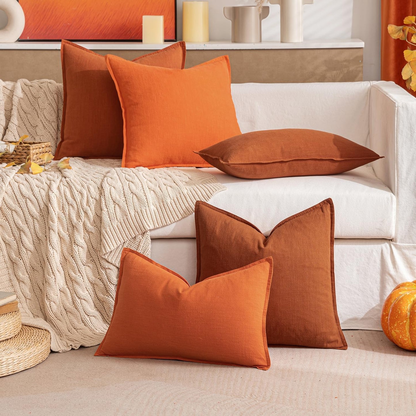Fall Decorative Linen Pillow Covers 18X18 Inch Burnt Orange Boho Farmhouse Neutral Couch Throw Pillows for Bed Pack of 2 Accent Modern Pillowcase Summer Sofa Livingroom Home Decor