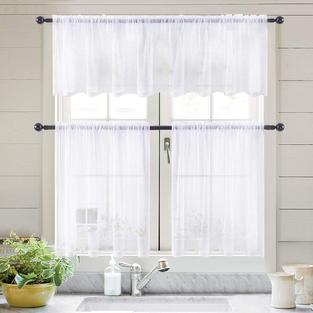 Linen Textured Sheer Curtain Valance Farmhouse Rod Pocket Drapes for Bathroom Cafe Small Window 1 Panel 60 W X 18 L Bundle with Sheer Kitchen Curtains 24 Inches Length 2 Panels, 29 X 24, White