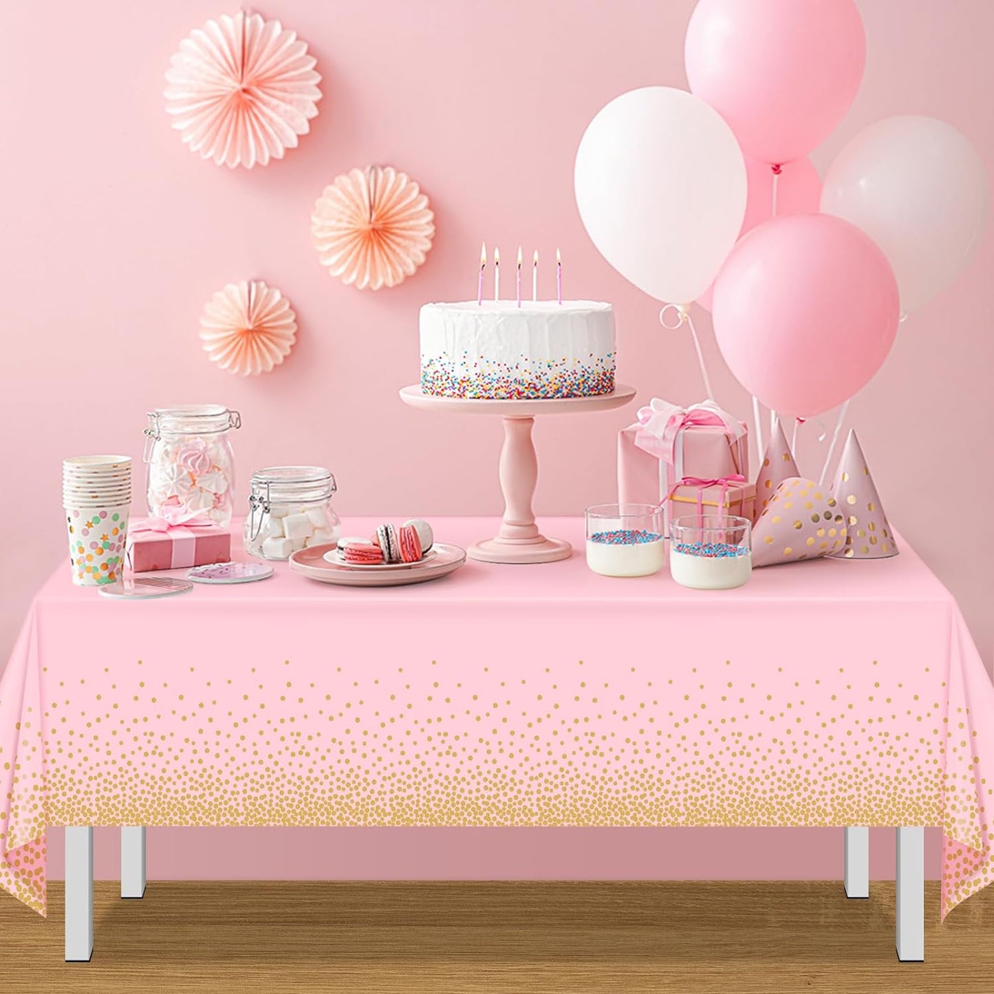 1 Pack Pink and Gold Plastic Tablecloth for Parties, Pink Disposable Table Cloth for Rectangle Tables, Gold Stamping Dot Confetti Light Pink Tablecloth for Birthday Wedding Baby Shower Party, 54X108"