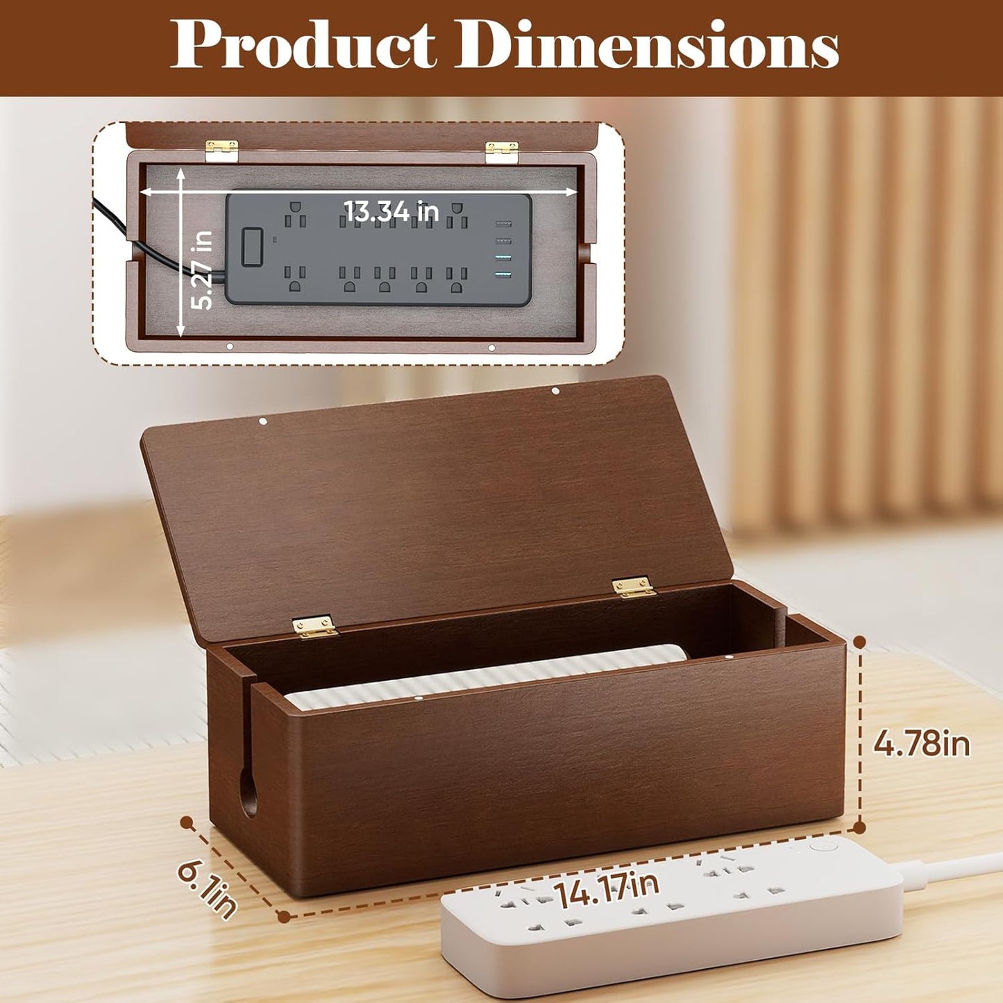 Cable Management Wooden Box with Magnetic Lid, Duty Cord Organizer Power Strip Hider Cover with Ventilation for Desk, Floor, Home Office, Baby-Pets Safe Storage Solution