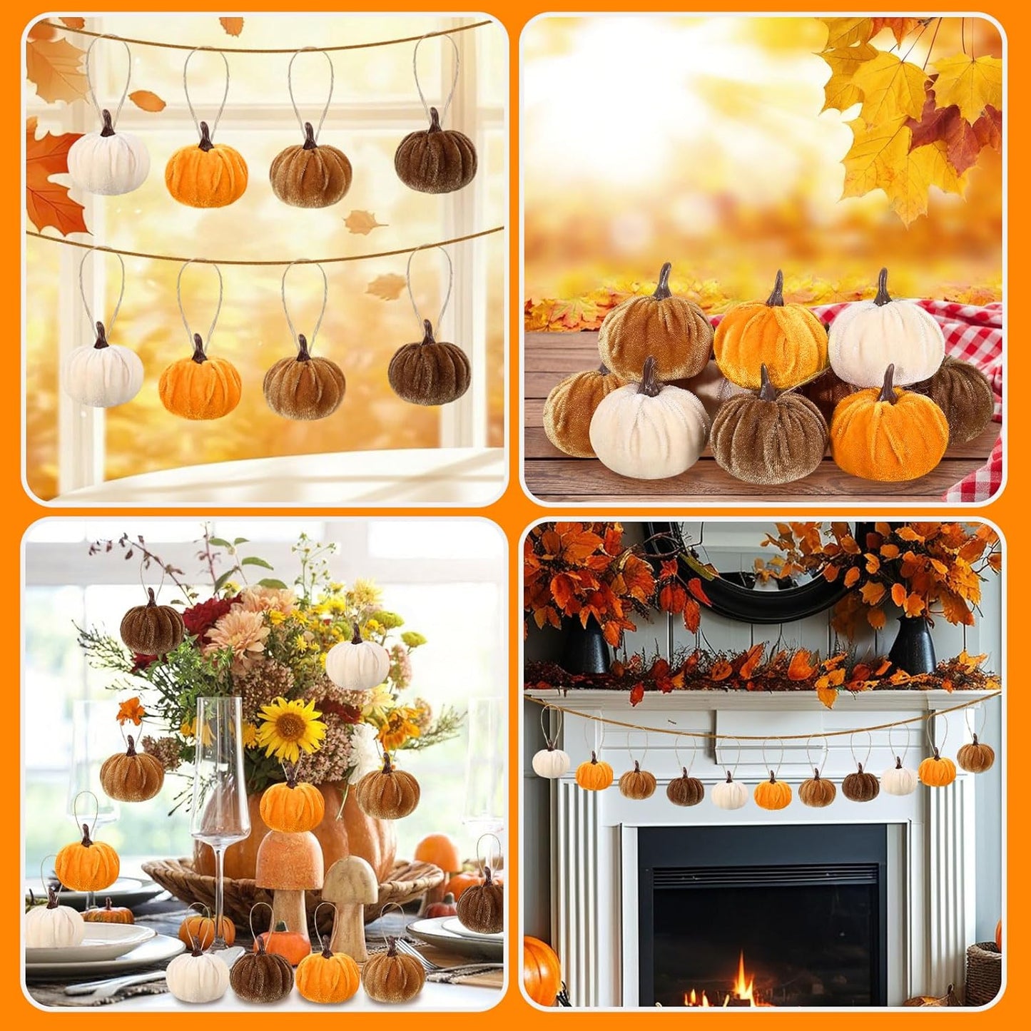 12 Pcs Velvet Pumpkins Fall Thanksgiving Pumpkins Hanging Ornaments Fall Tree Decorations Orange White Brown Velvet Wrapped Pumpkin Ball Decor with Hemp Rope for Thanksgiving Party Tree Farmhouse Home