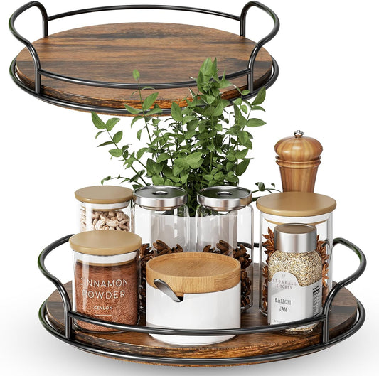 2 Pack 9'' 10'' Lazy Susan Turntable Organizer for Table Top Cabinet, Wooden Lazy Susan for Kitchen, Pantry, Countertop, Bathroom Vanity, Spice Organization, Wood Decor