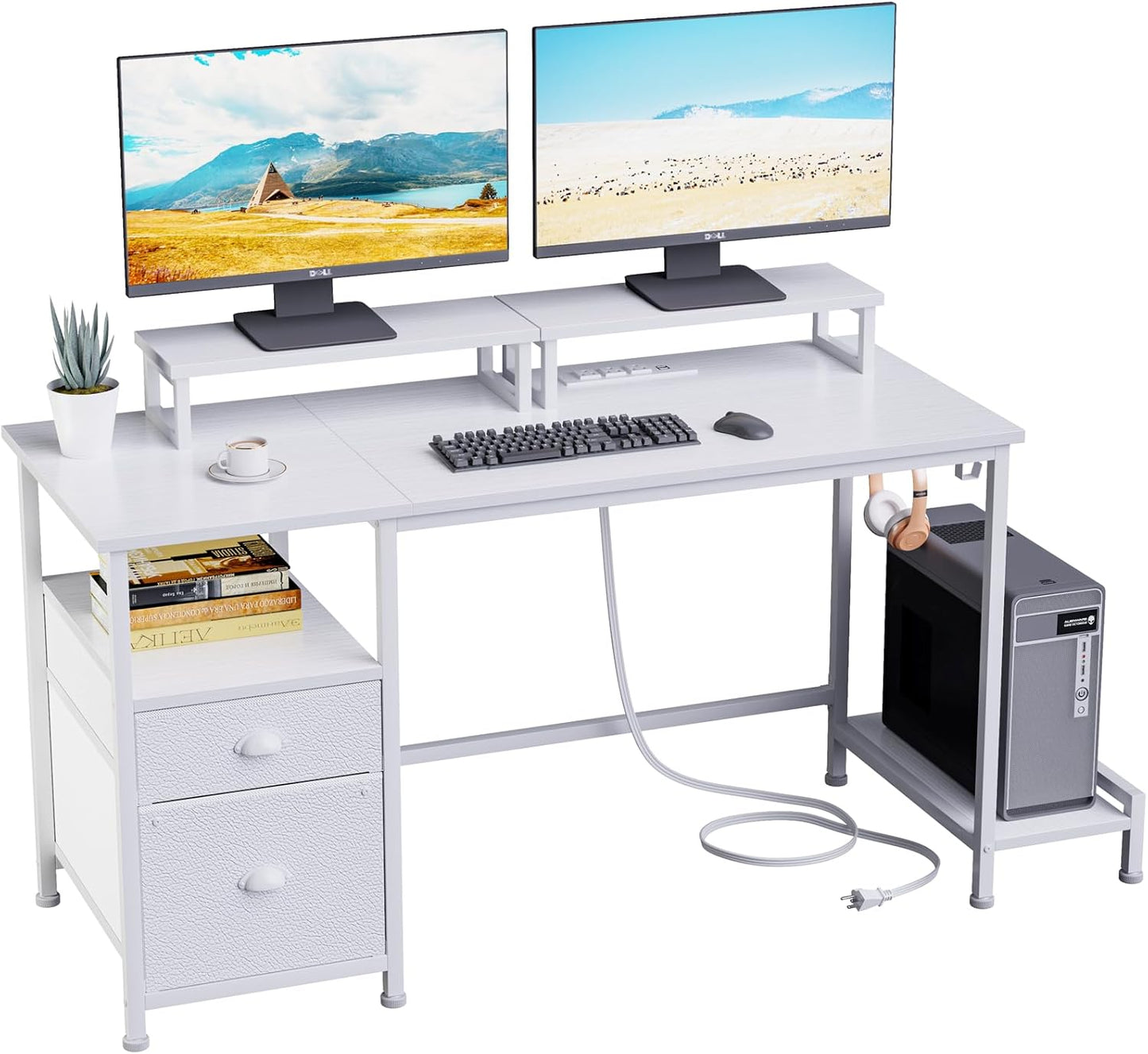 47" Computer Desk with File Cabinet and Power Outlets, Home Office Desk with 2 Monitor Stands and Storage Drawer, Writing Gaming Table with Shelves and 2 Hooks for Bedroom, White