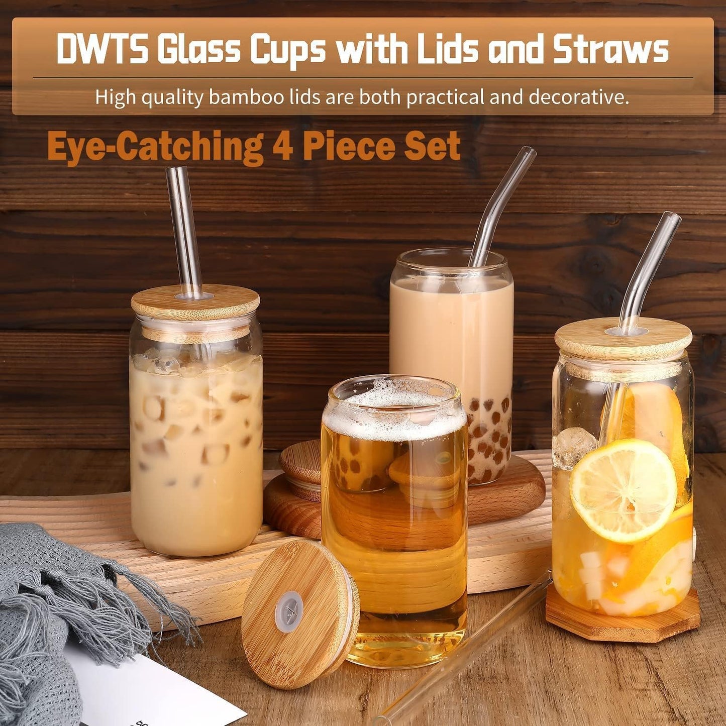 Glass Cups with Lids and Straws 4 Pcs,16Oz Drinking Glasses Set for Coffee Bar Accessories,Iced Coffee Cups with Lids,Matcha Cup Glass Tumbler Reusable for Gifts