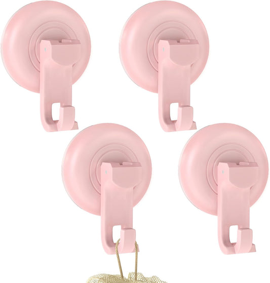 Suction Cup Hooks for Shower, Powerful Vacuum Suction Cup Hook for Towel, Robe, Loofah, No Hole Punched, Reusable Bathroom Towel Hooks, Pink, 4 Pack