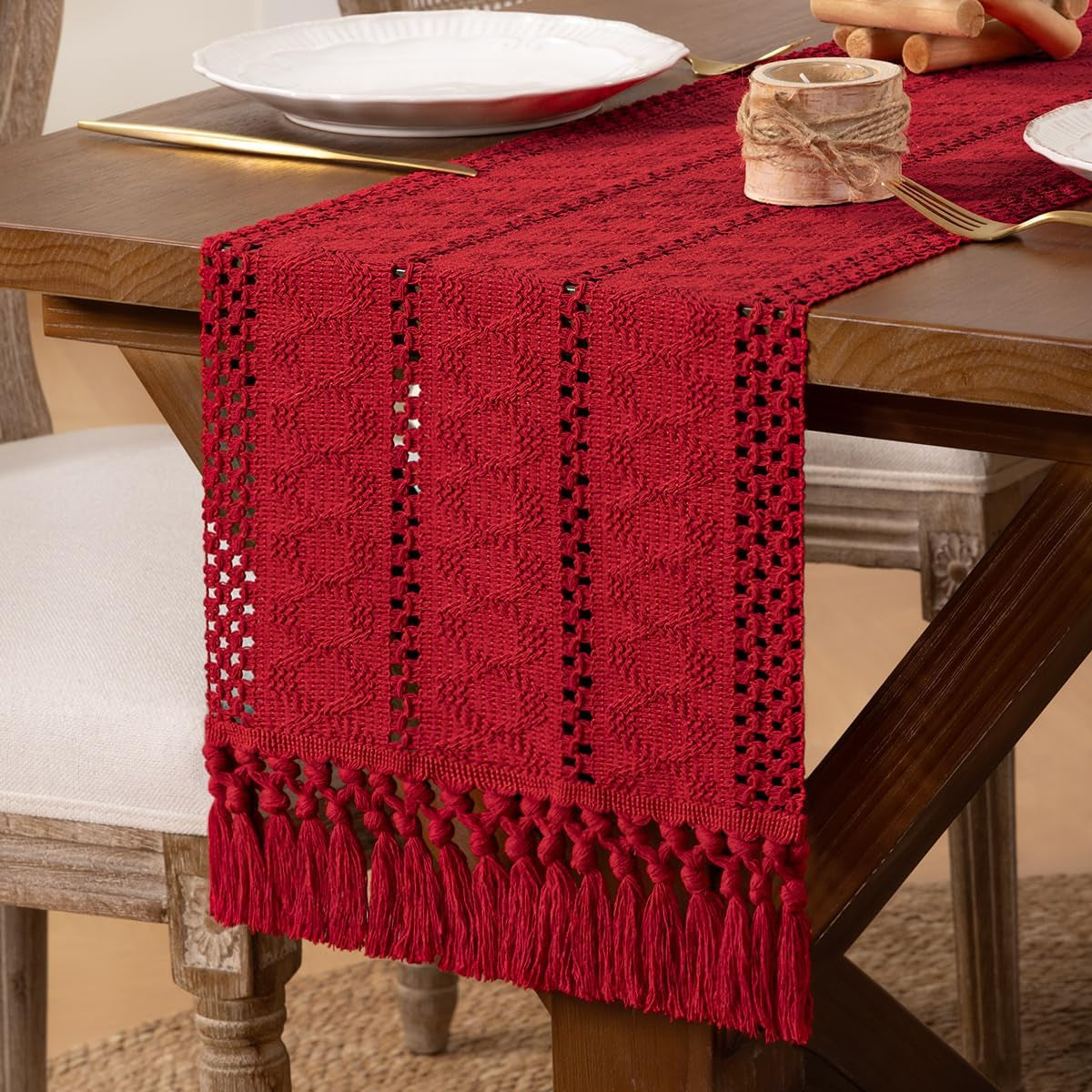 Boho Macrame Table Runner Fall Farmhouse Woven Small Table Runner with Tassels 36 Inches Red Cotton Linen Kitchen Table Centerpiece for Dining Dresser Home Tea Table Decor