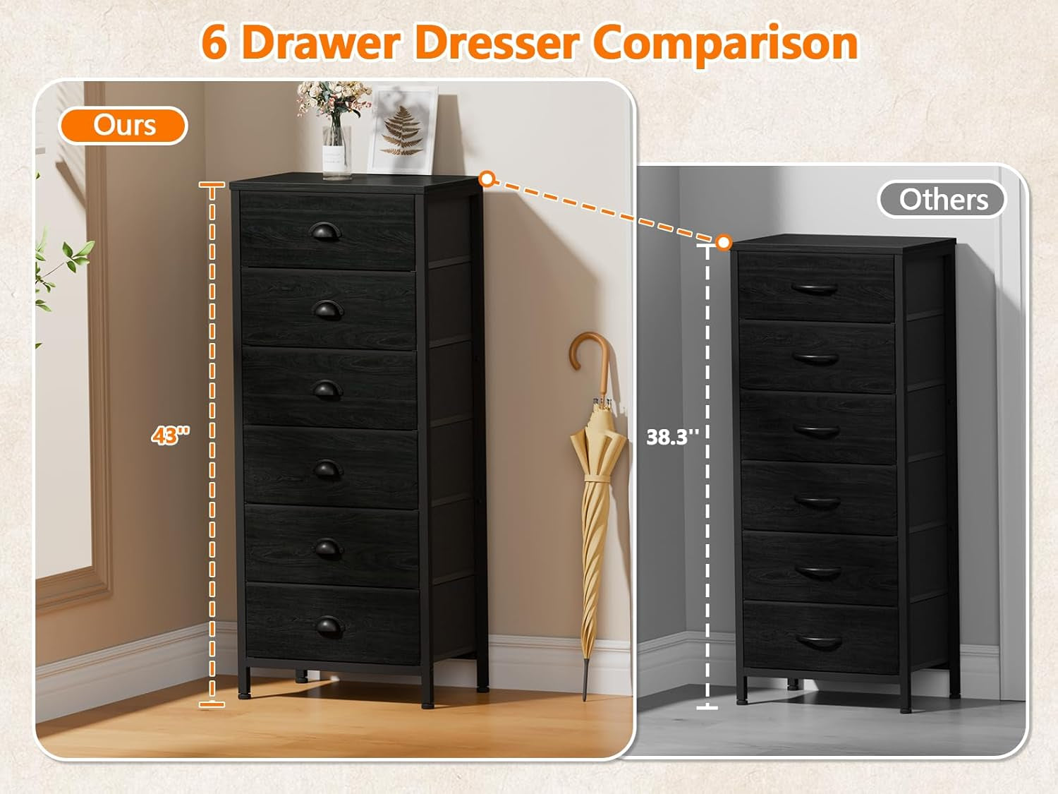 Elegant Tall Dresser with 6 Drawers and Vertical Bedside End Table - Black Storage Tower Nightstand with Fabric Drawer Organizer for Bedroom, Living Room, Closet, and Hallway