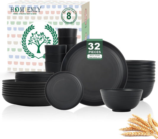 Wheat Straw 32-Piece Dinnerware Set for 8 - Includes Deep Plates, Cereal Bowls, and Drinking Cups, Microwave and Dishwasher Safe, Black Finish