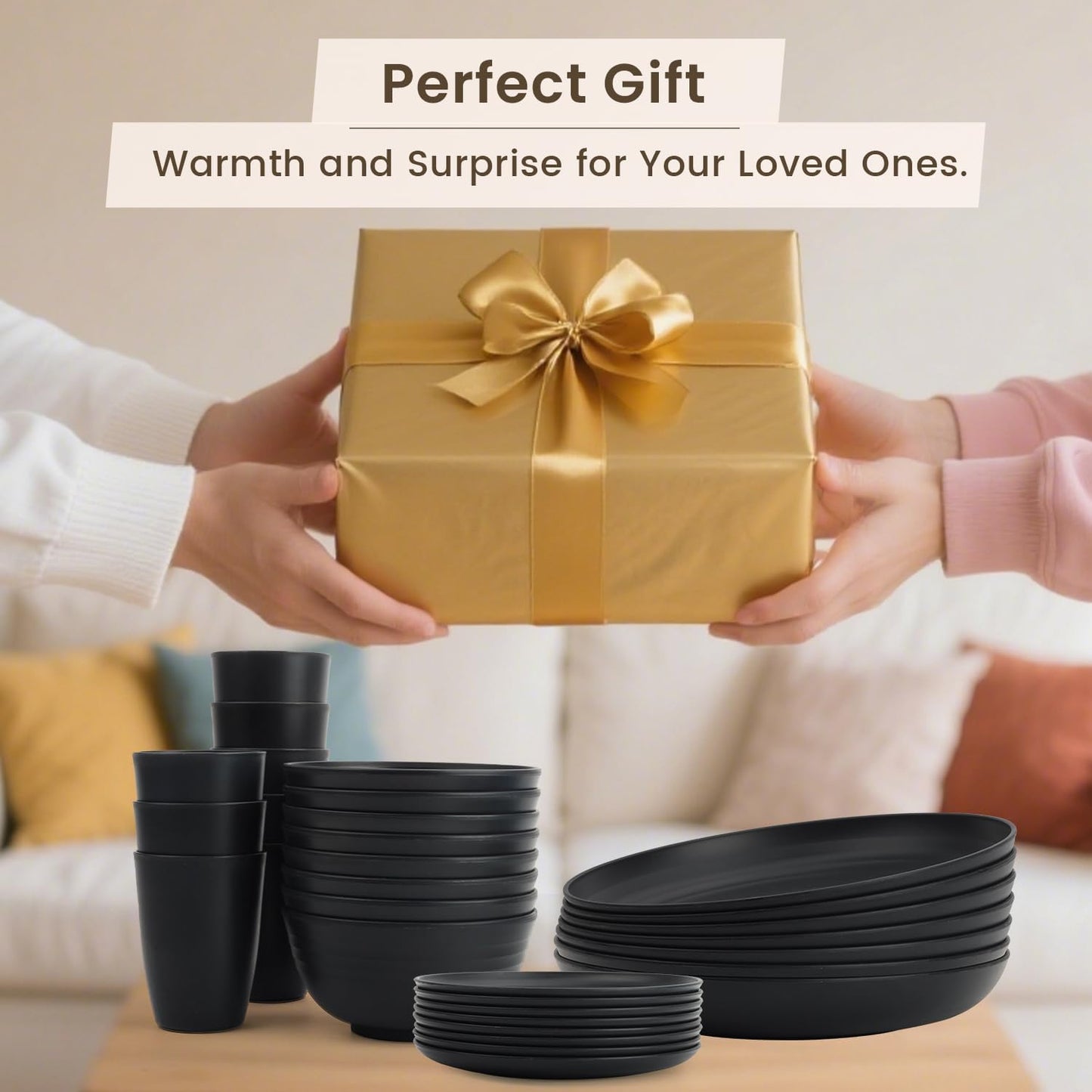 Wheat Straw 32-Piece Dinnerware Set for 8 - Includes Deep Plates, Cereal Bowls, and Drinking Cups, Microwave and Dishwasher Safe, Black Finish