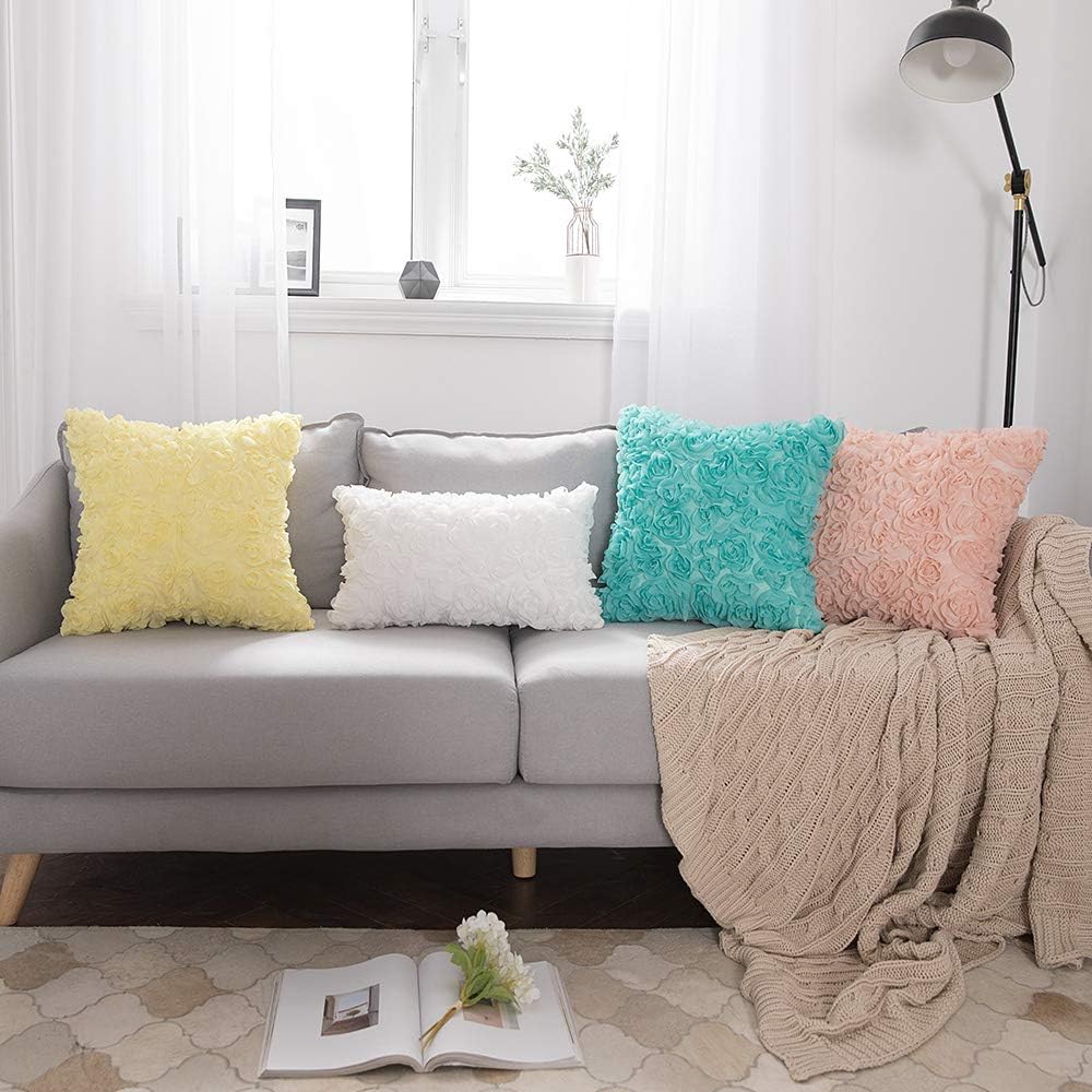 Pack of 2 3D Decorative Spring Romantic Stereo Chiffon Rose Flower Pillow Covers Solid Square Pillowcases for Valentines Day Decoration Sofa Bedroom Car 16X16 Inch 40X40Cm Peach Pink Wedding